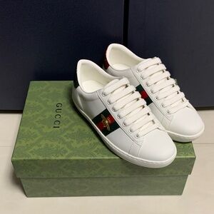 Gucci White Leather Ace Sneakers with Green & Red Web and Bee